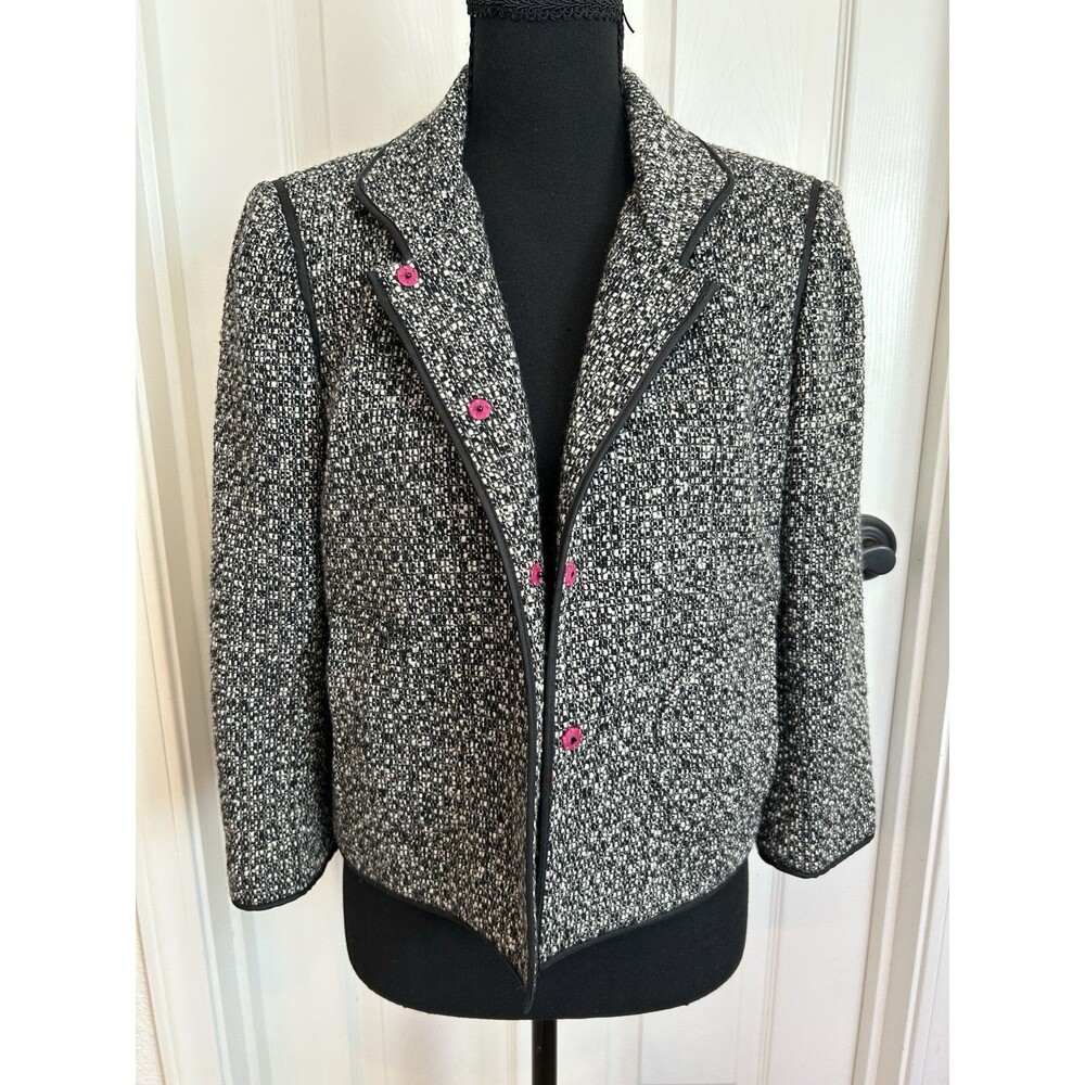 Vintage Y2K Sigrid Olsen Black Hot Pink Tweed Satin Trim Blazer Snaps Size 4P